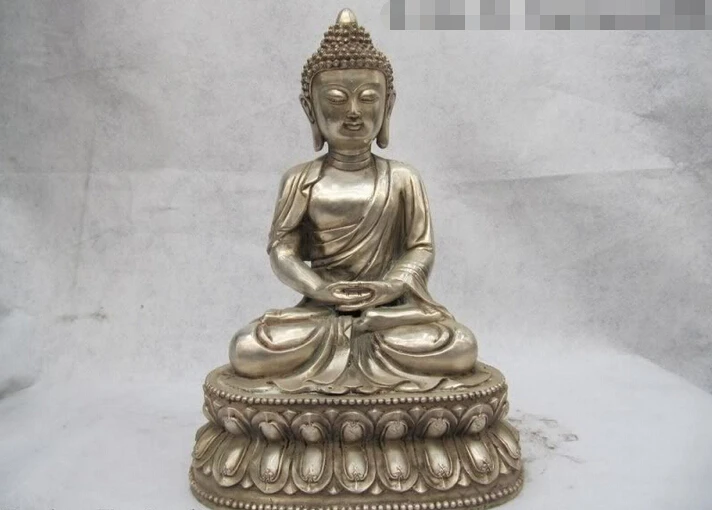 

fast shipping USPS to USA S2877 16.5" Tibet Buddhism Fane White Copper Silver Amitabha Sakyamuni Buddha Statue