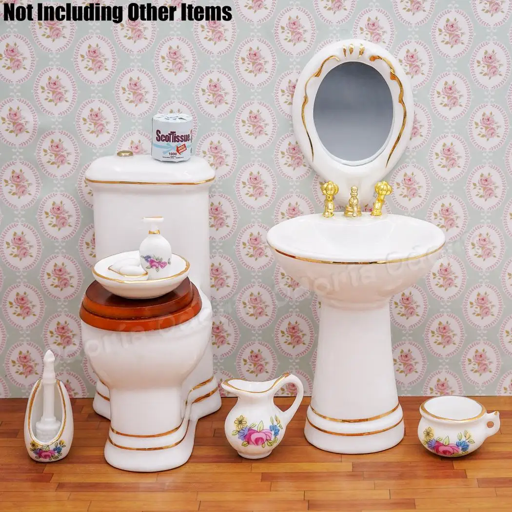 Odoria 1:12, миниатюрный санитарный набор для ванной комнаты, 7 шт., диспенсер для мыла, шампунь, фарфоровый набор для кукольного домика, аксессуары для мебели