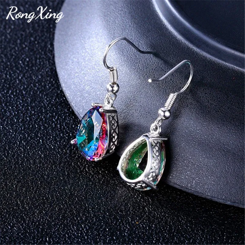 RongXing 925 Silver Filled Multicolor Zircon Engagement Earrings for Women Mystic Rainbow Stone Water Drop Earring Wedding Gifts