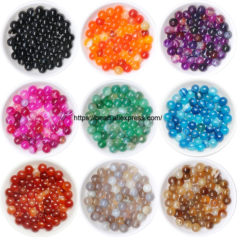 

Free Shipping Smooth Natural Stone Colorful Stripe Agates Round Loose Beads Pick 10 Color and Size for handmade Jewelry Making