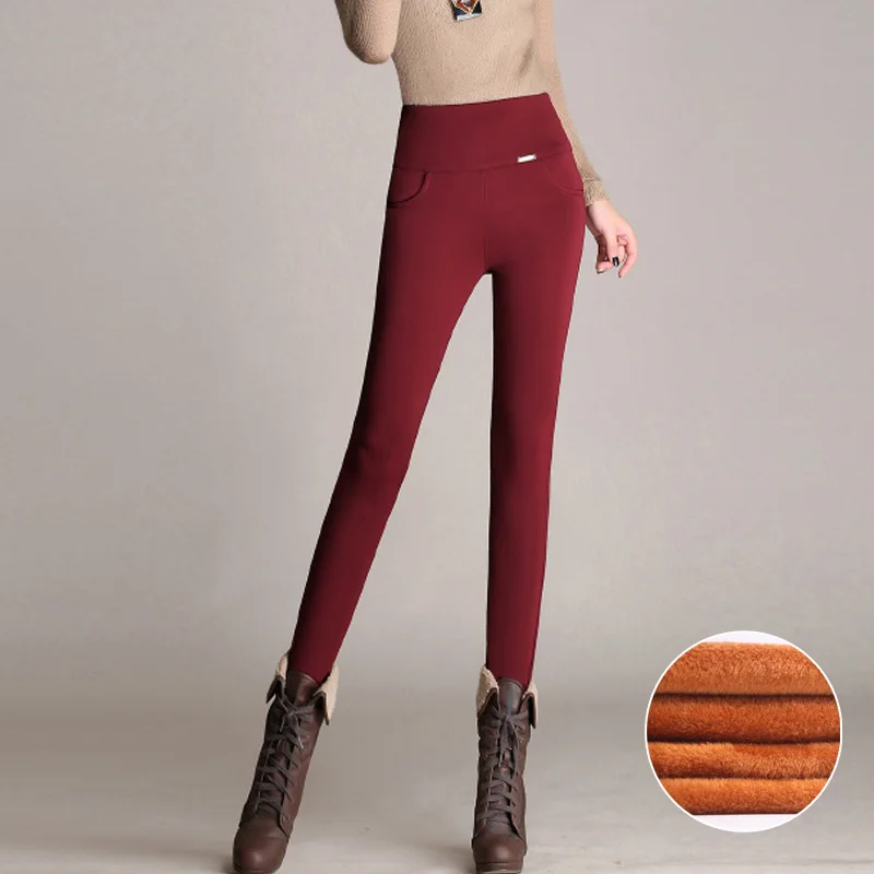 Wine Red Зимние стильные модные 3 Солор кредитка с бархатом женские с высокой талией толстые бархатные золотые кашемировые теплые брюки карандаш брюки S-6XL - Цвет: Wine Red