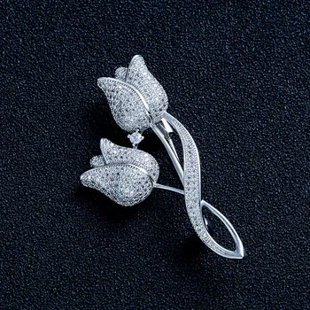 

Bilincolor fashion cz pave setting doulbe tulip flower brooches for women