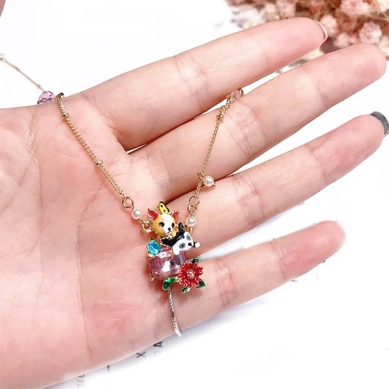

Enamel Glaze Chihuahua Pendant Necklace Lovely Dog Flower Gem Necklaces For Women Fashion Jewelry