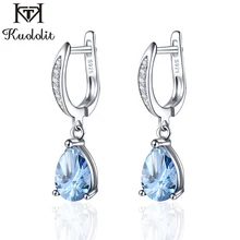 Kuololit saf 925 ayar gümüş klip küpe kadınlar için 3.3ct doğal mavi Topaz taş takı düğün parti noel hediyesi