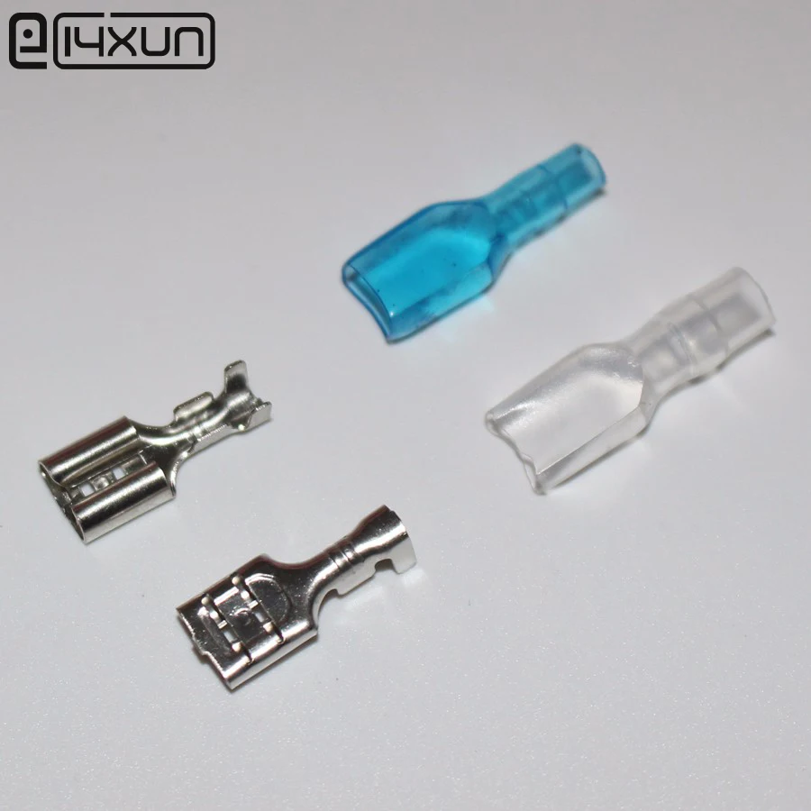 

100sets 6.3 mm Spade Crimp Terminal Male Female Cold Pressed Terminals with White Blue Sheath for Automotive Car Boat ect