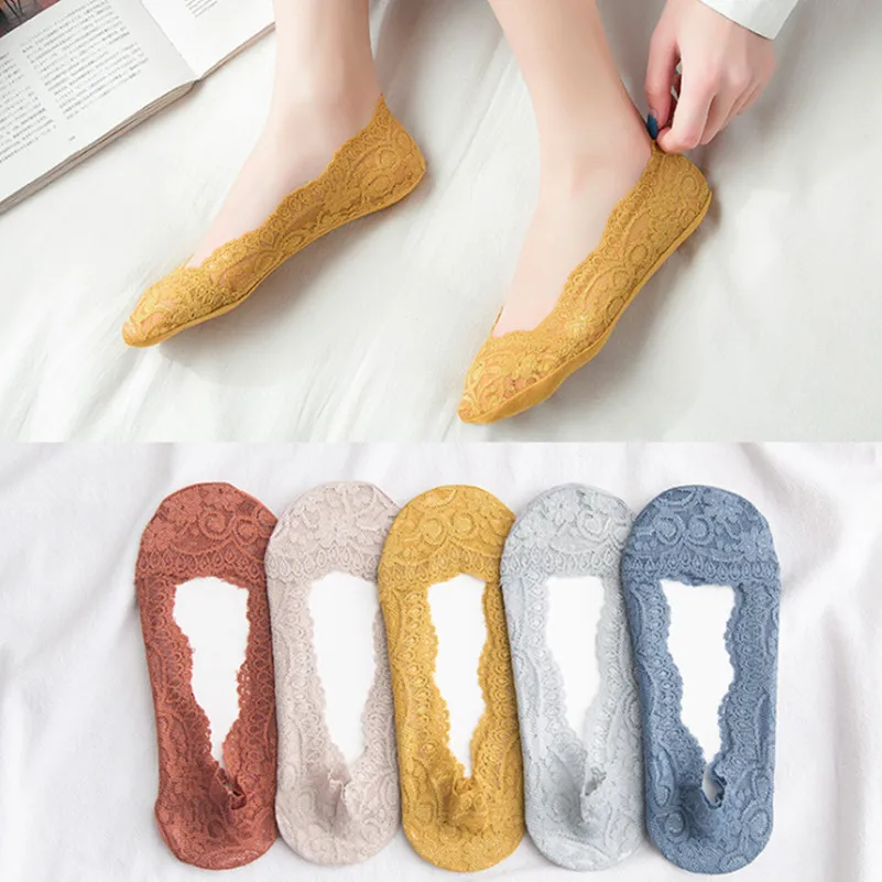 

5Pair Fashion Women Cotton Lace Antiskid Invisible Liner Socks Elastic Comfy Female Summer Spring Ankle Boat Low Cut Short Socks