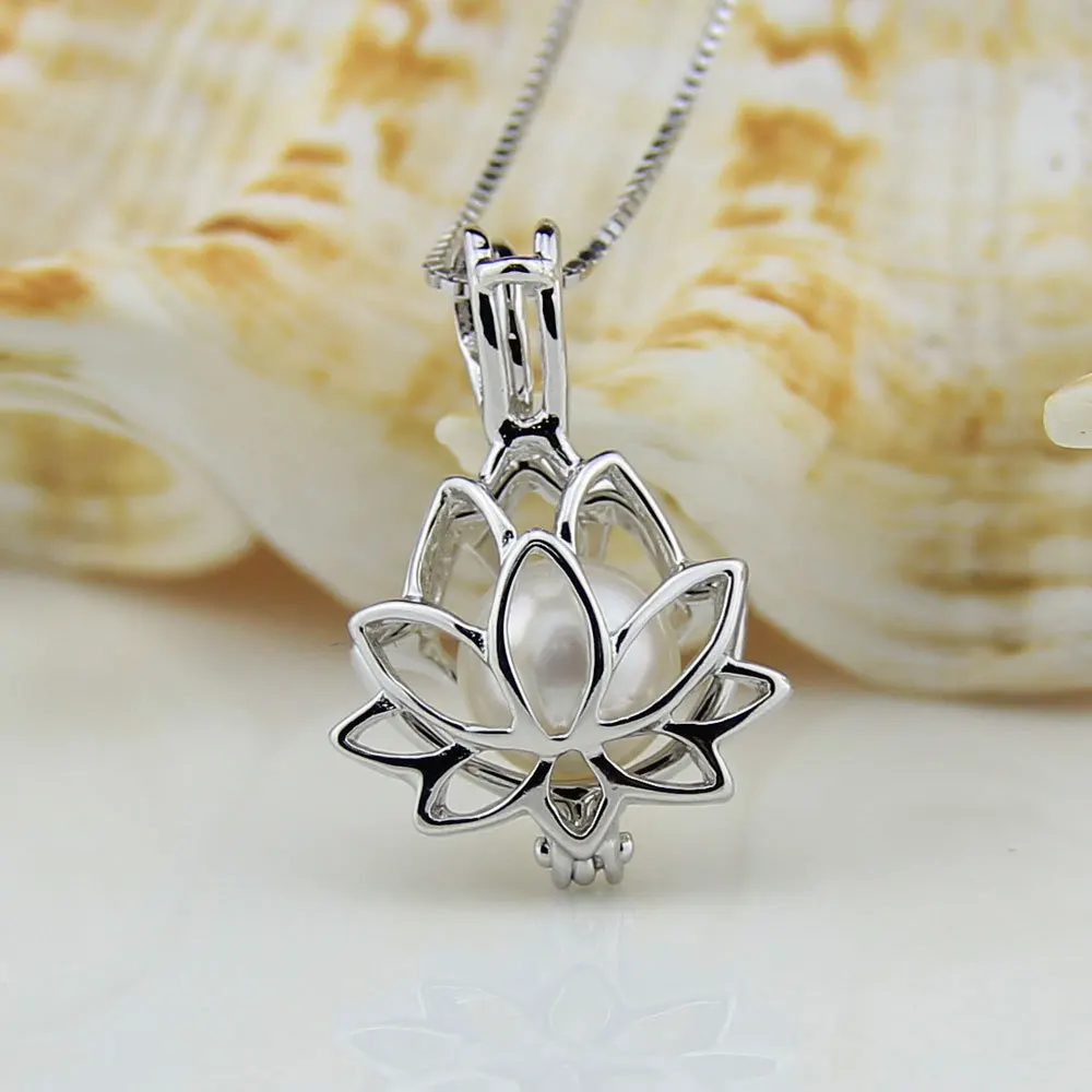 

925 Sterling Silver Charm Party Necklace with Lotus Locket Pendant Gilrs Akoya Pearl Necklace