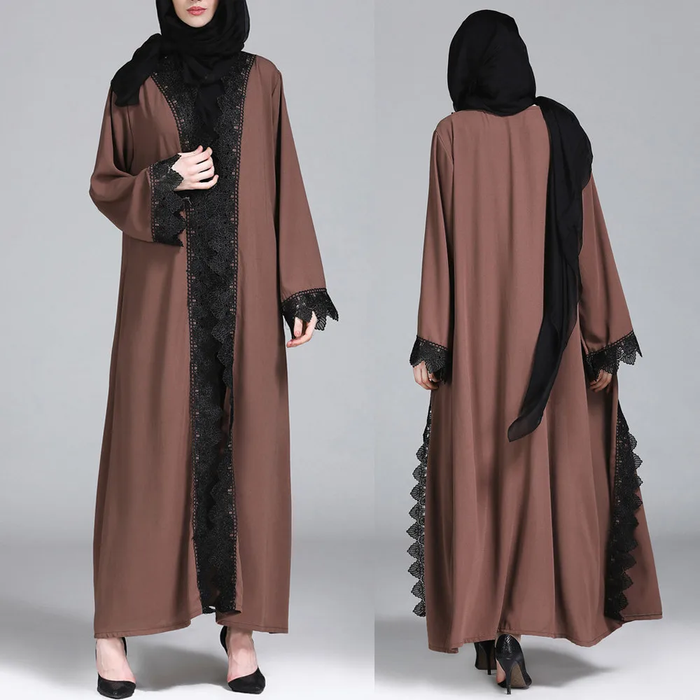 

Fashion Muslim Womens Lace Robe Ramadan Clothing Kimono Islamic Lace Splicing Long Coat Middle East Long Robe Abaya Femme 2019