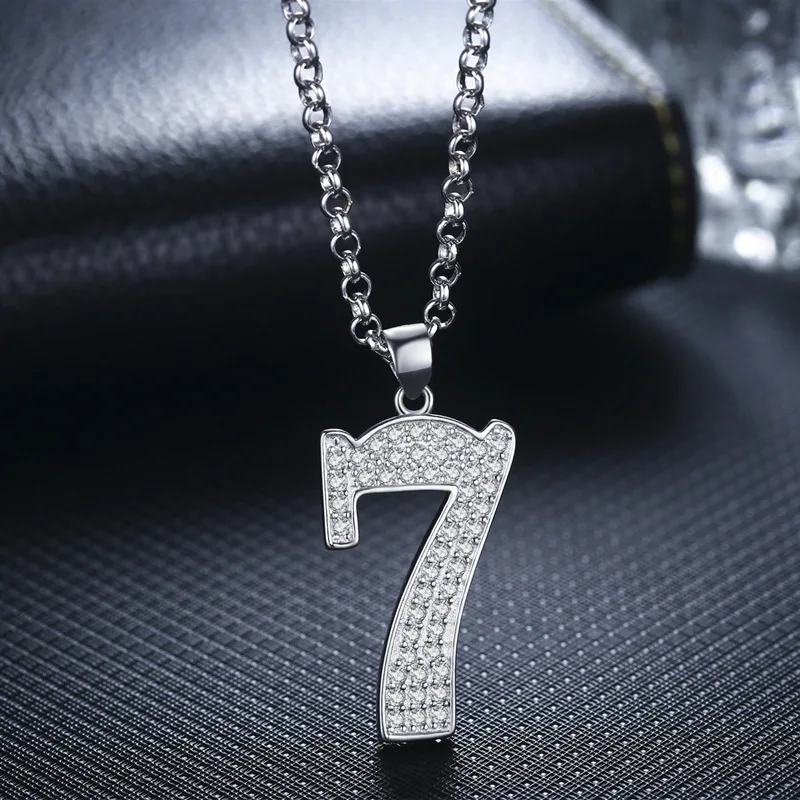 Rhinestones digital seven pendant necklace white gold color long