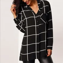 

POLO lapel long-sleeved split plaid shirt 2018 spring and summer new women's casual women's blouse