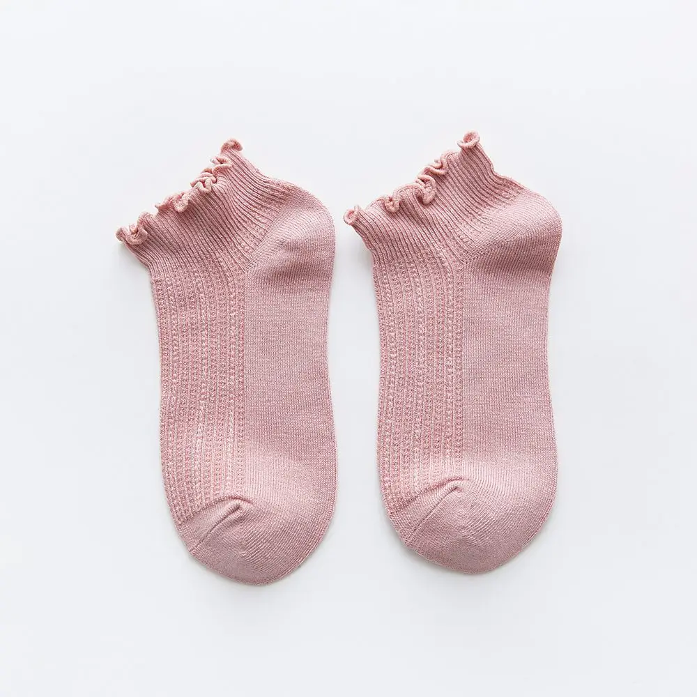 7 Pairs Bamboo Ruffles Socks Cotton Ankle Lovely Frilly Edge Girls' Women Socks Sweet Casual Short Tube Lady Vintage Boat Socks - Цвет: Pink