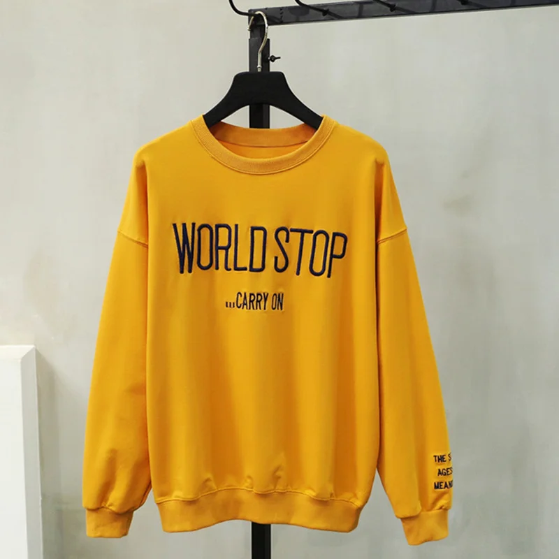 

Vogorsean Harajuku Oversized Sweatshirt Women Drop Shoulder Letter Embroidered Sweatshirts Sudadera Mujer World Stop Yellow Chic