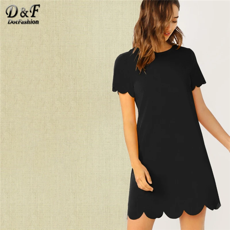 Dotfashion Black Solid Scallop Edge Tunic Dress Women Summer Casual Short Sleeve Dresses Ladies Fashion Straight Dress