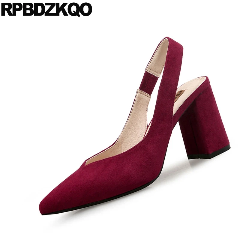 высокие каблуки Короткая Slingback мода Работа насосы Размер 4 34 Синяя женская обувь