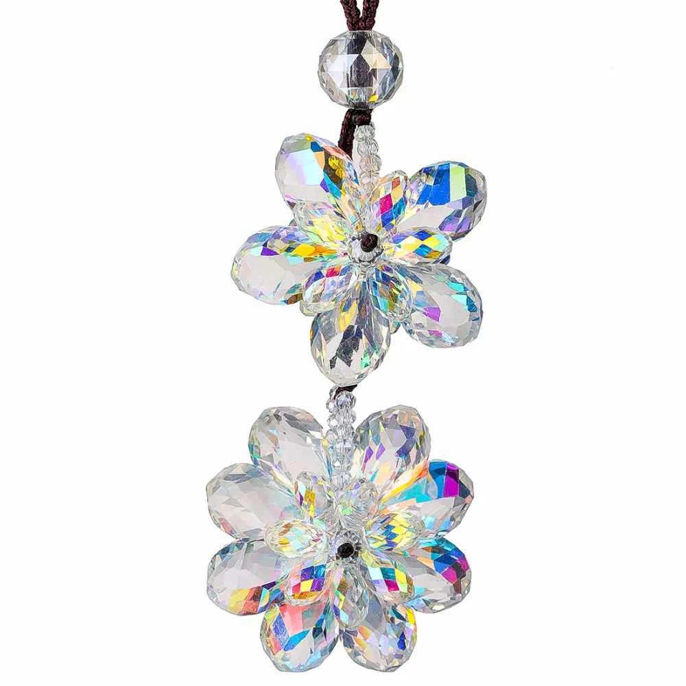 

H&D Multi-Color Handmade Double Floral Crystal Drop Crystal Car Hanging Ornament Rear View Mirror Pendant Car Interior Decor