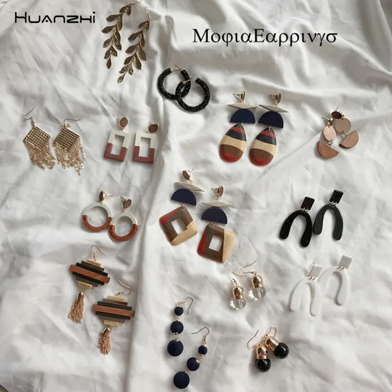 Женские акриловые серьги подвески HUANZHI длинные контрастных цветов с кисточками