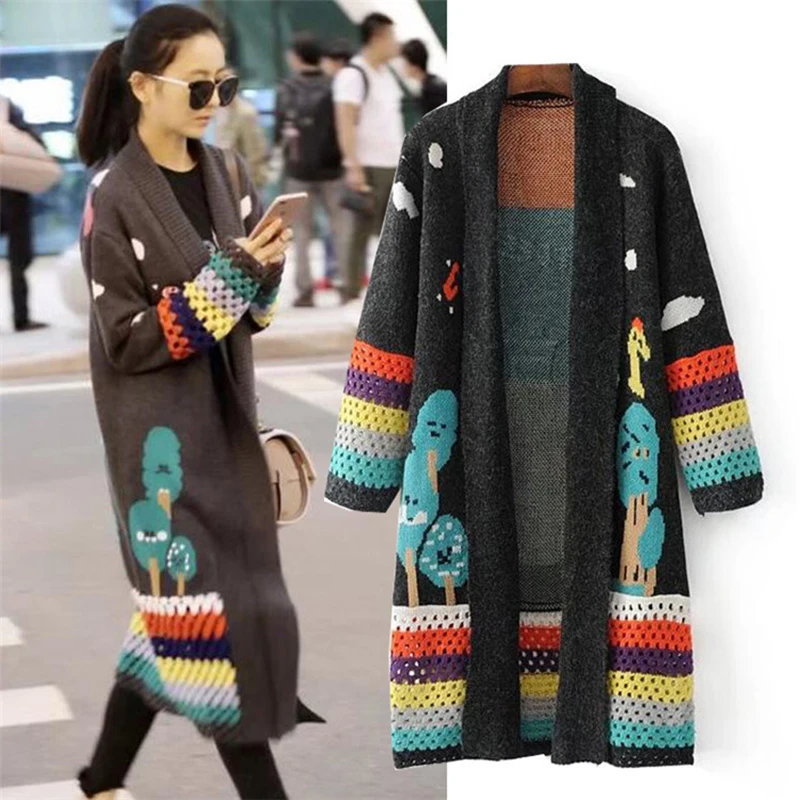 2019 New Women Colorful Hollow Jacquard Contrast Color Sweater Cardigan Coat Female Loose Thicken Long Sleeve Autumn Winter Tide 2019 New Women Colorful Hollow Jacquard Contrast Color Sweater Cardigan Coat Female Loose Thicken Long Sleeve Autumn Winter Tide