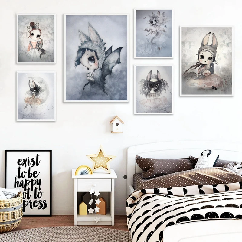 Современный кролик девушки Ангел живопись на холсте, мультфильмы спрей цвет художественный плакат Дети Детская комната Декор скандинавские настенные фрески