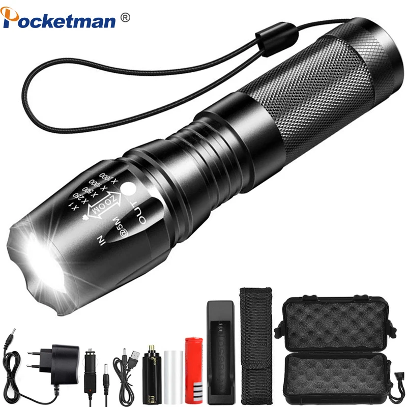 

12000LM LED Flashlight T6/L2/V6 LED Torch with 5 Modes Linterna Adjustable Focus Flashlight Rechargeable for Camping Hiking