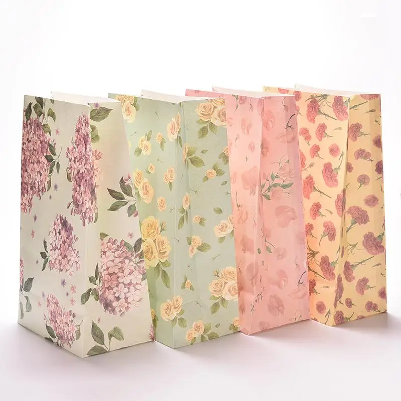 3PCS Flower Print Kraft Paper Small Gift Bags Sandwich Bread Food Bags Party Wedding Favour Supplies 23x13cm