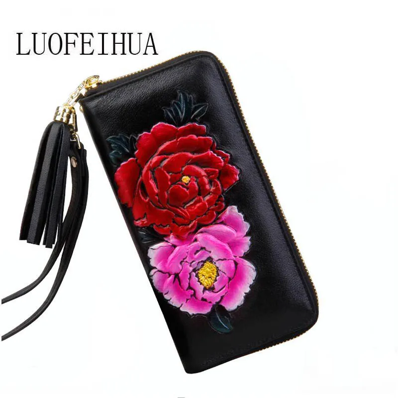 

Genuine Leather 2019 ethnic style leather fashion wallet First layer cowhide ladies banquet wallet hand zipper wallet