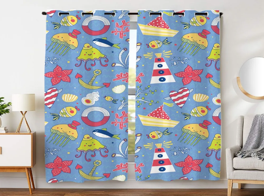 

Blackout Curtains 2 Panels Grommet Curtains for Bedroom Cartoon Marine Theme Boat Lighthouse Fish Anchor Coral