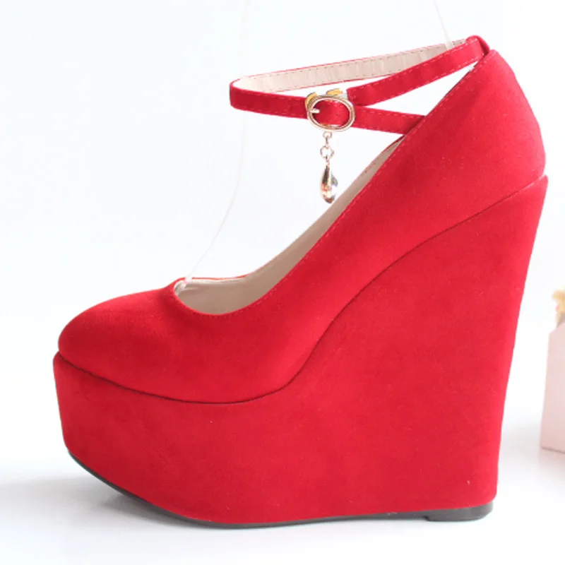 Flock wedges pumps large size female Custom high heels bride wedding shoes woman platform ankle strap party pumps women WSH2594 6