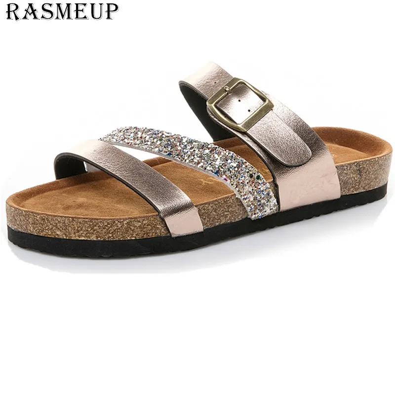 

RASMEUP flat Women's Slippers 2019 Summer Soft Cork Buckle Flip Flops Women Beach Slides Casual White Woman FlipFlops Shoes