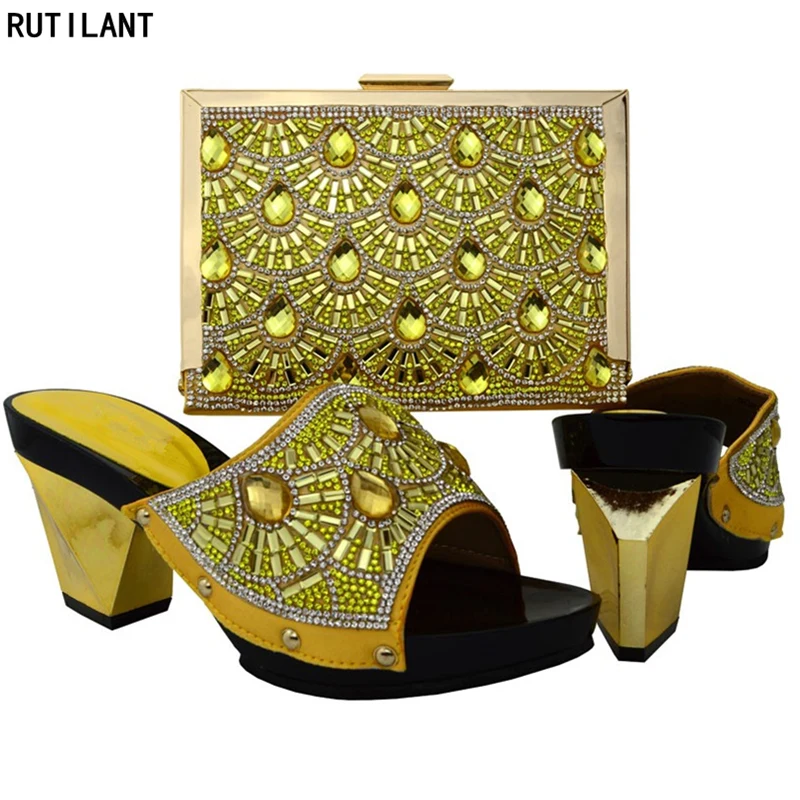 Strass Sapato Pour À Feminino Italien Africain 2018 Et Décoré Ensembles Avec fuchsia Sac Correspondre jaune Sacs Ensemble Chaussures Orange 7dgdpq