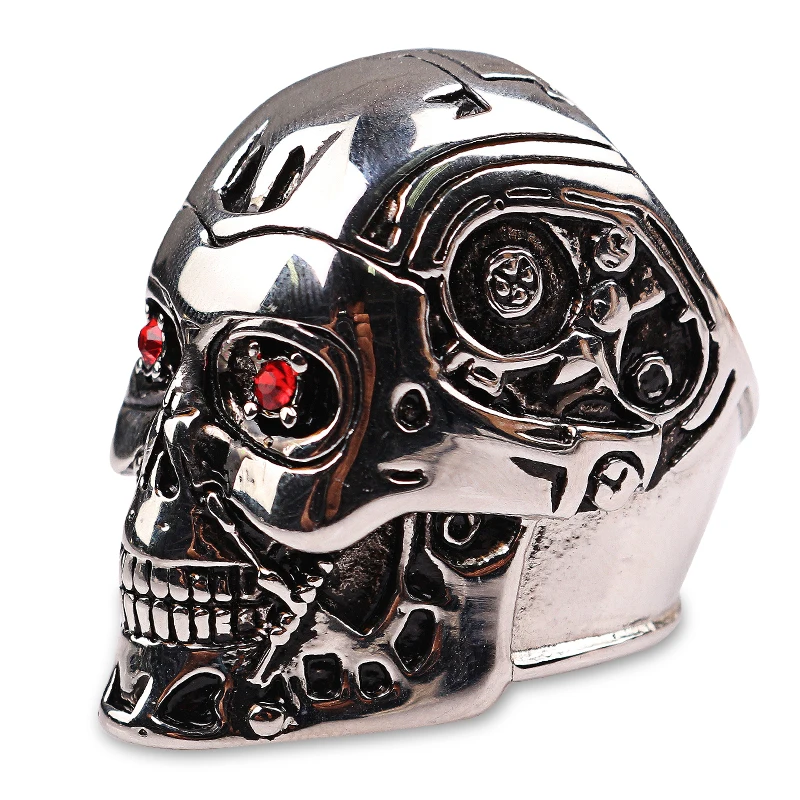 

2017 Movie Terminator Rings 3D Skull Ring with Red CZ Eyes Cool Gothic Ring Men NEW Men Jewelry