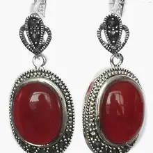 Красивые 925 11/" серебряные серьги натуральный красный нефрит марказит