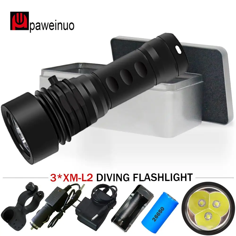 

200m underwater high power flashlight 3* cree xm l2 diving torch rechargeable 26650 lantern search torch for underwater worker