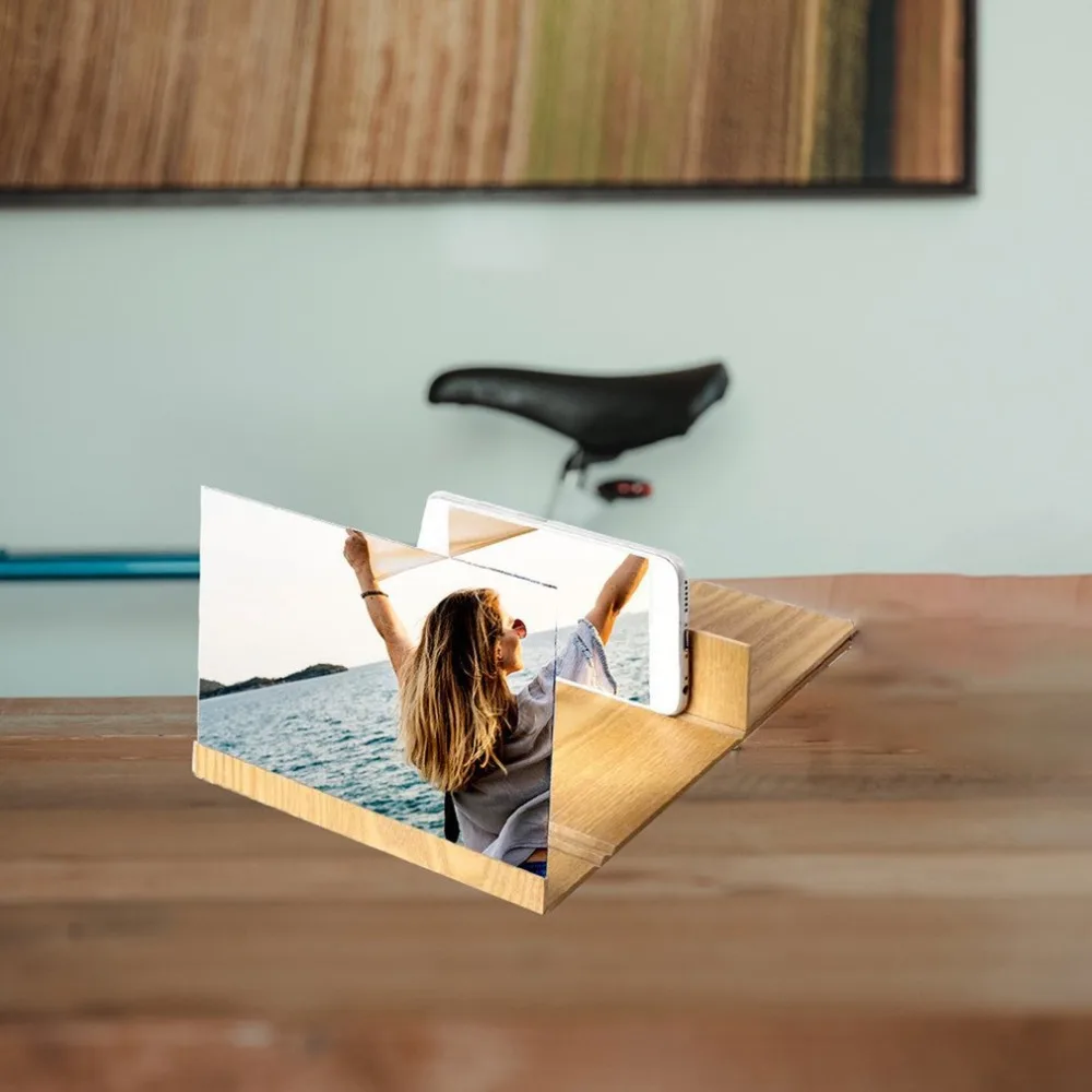 

Wood grain 12 inch mobile phone screen amplifier wood grain mobile phone lazy bracket amplifier High Definition 3D movie