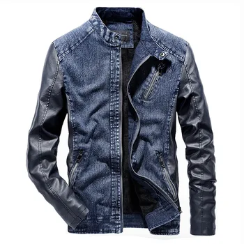 

Loldeal Men's Fleeced Denim Jacket Winter Fall Warm Cowboy Coat Outerwear Parka Leather Sleeve Patchwork