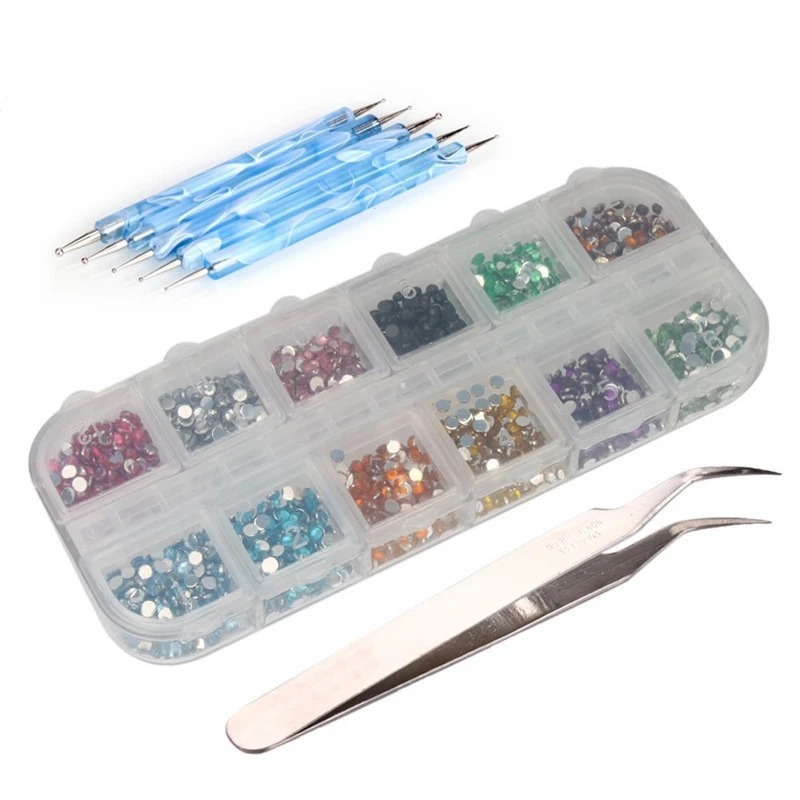

3000pcs 2mm 12 Color Nail Art Glitter Rhinestones Tips 5 x 2 Way Marbleizing Dotting Pen Tweezer