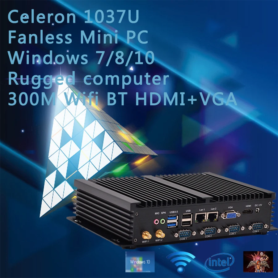 CPU Celeron 1037U Dual Nics 4*RS232 COM industrial PC Rugged computer 300M Wifi BT HDMI+VGA Fanless Mini PC Windows 7/8/10