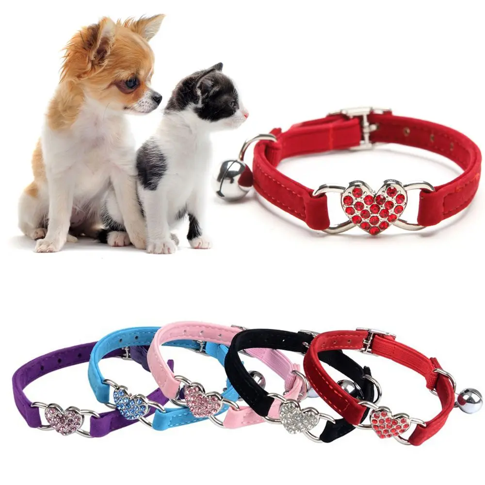 1Pc Puppy Elastic Bell Heart Shape Pet Collar Velvet Pet Necklacce