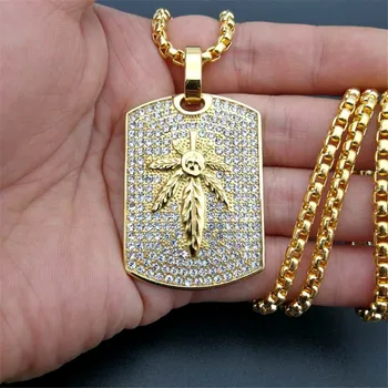 

Hip Hop Hemp Leaf Pendants Necklaces For Women/Men Gold Color Stainless Steel Necklace Rhinestones Iced Out Bling Jewelry