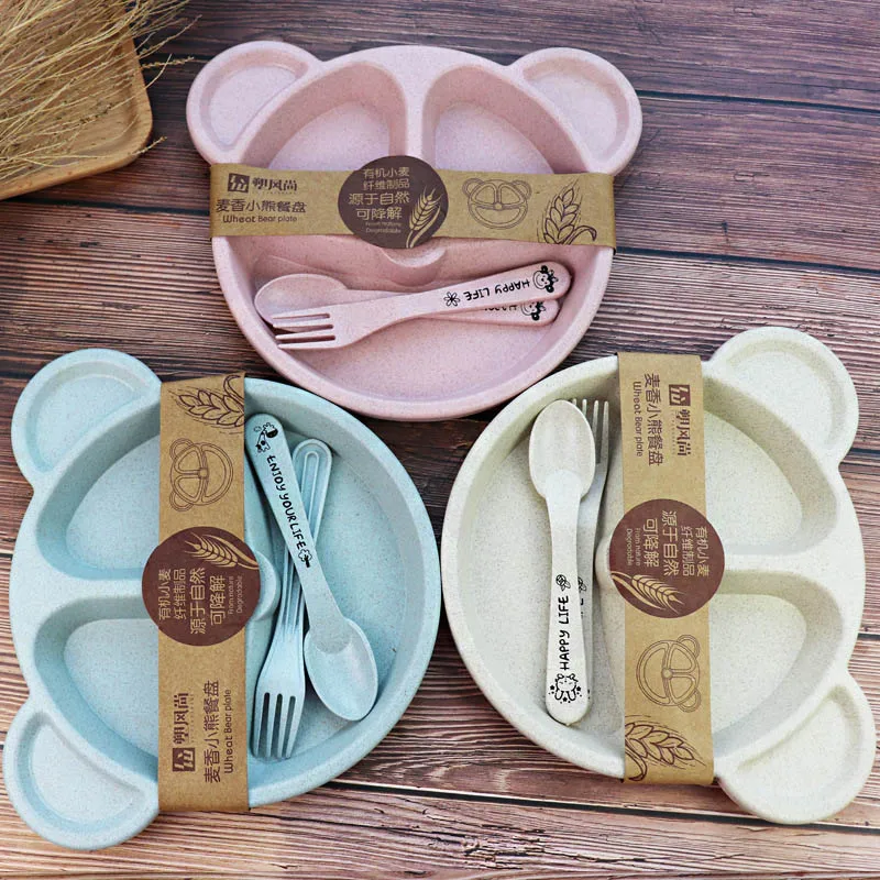 

Baby bowl+spoon+fork Feeding Food Tableware Set Cartoon Bear Kids Dishes Eating Dinnerware Anti-hot Wheat Straw Training Plate