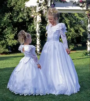 

White Flower Girl Dresses For Weddings A Line Floor Length Pageant Prom Dress Bubble Long Sleeves With Bow Custom Made