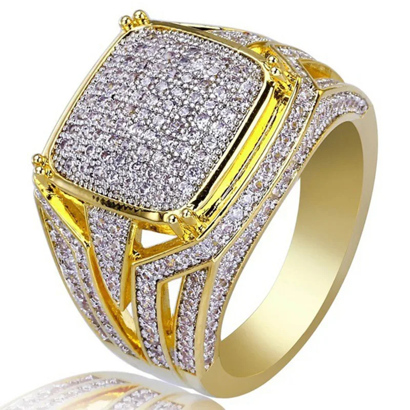 

AAA Cubic Zirconia Ice Out Bling Golden Big Wide Hip Hop Rock Rings Gold Color Geometric Men Hiphop Rapper CZ Ring Jewelry Gift