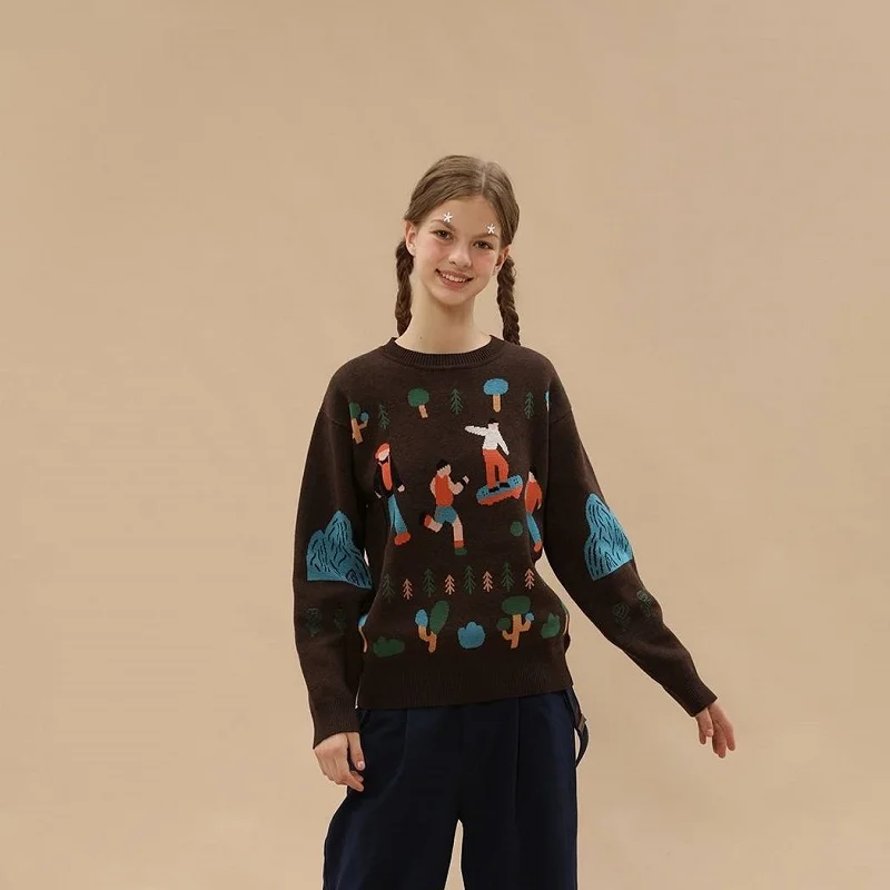 

Naughty Playful Design Jacquard Women 2018 Sweater Pullovers Brown Knitted Jumper Top New Srping Female Winter Vintage Sweaters