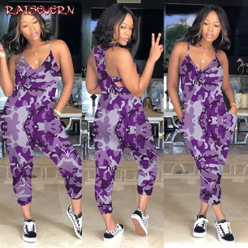 

RAISEVERN Fashion Camouflage Print Jumpsuit Bodycon Overalls Spaghetti Strap Sexy V-Neck Summer Plus Size Casual Long Rompers