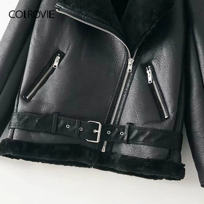 COLROVIE, черный Байкерский пояс на молнии с карманом из искусственного меха, искусственная кожа, Женская куртка,, уличная одежда, теплые женские куртки, верхняя одежда