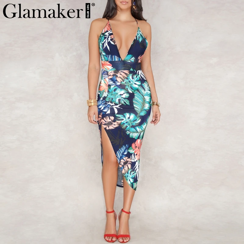 

Glamaker Boho print asymmetric split sexy dress Women lace up backless beach dress Long plus size fitness summer dress vestidos