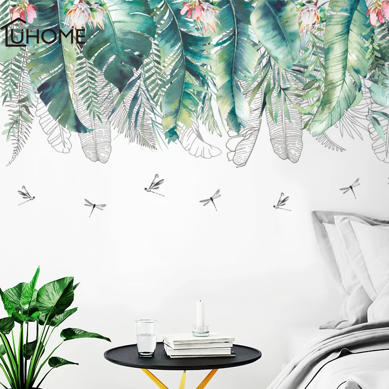

Natural Green Tropical Raffia Tree Leaves Turtle Leaf Wall Sticker PVC DIY Mural Art Sticker for Living Room Bedroom Wall Decals