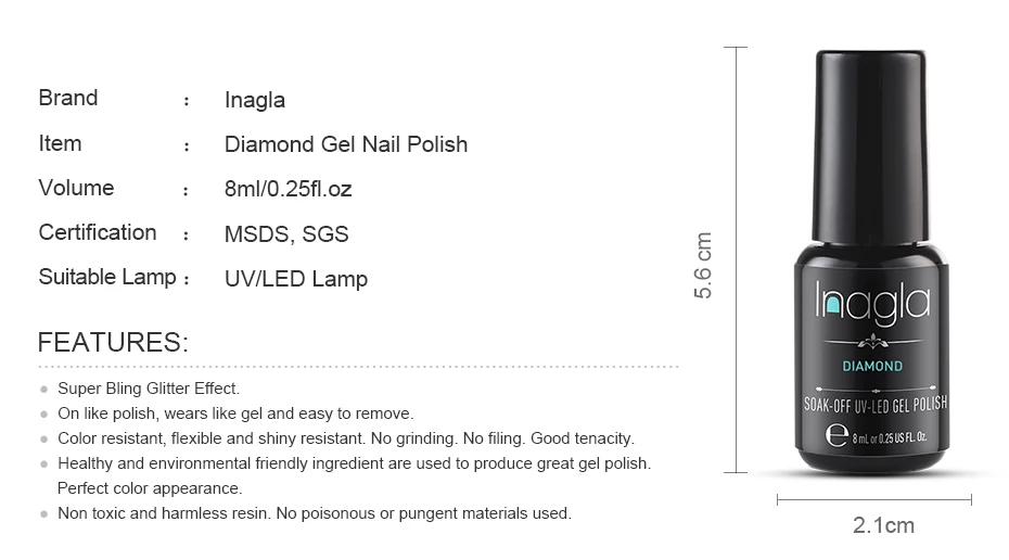 Inagla, 8 мл, Алмазный гель для ногтей, блестящий Светодиодный УФ-гель для маникюра, блестящий замачивающийся Гель-лак, лак для ногтей, Полупостоянный лак для ногтей