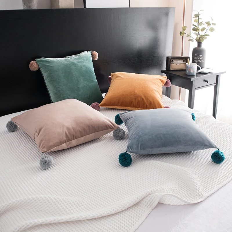 

30x50/45x45/55x55cm wool ball pink/grey/green/orange velvet cushion cover pillowcase decorative pillow cover throw pillow case
