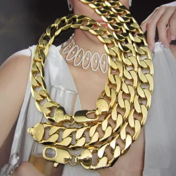 

Heavy Mens Necklace+Bracelet Set Yellow Gold Filled Cuban Curb Links Chain