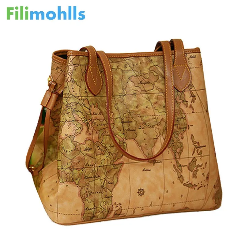 Goede Nieuwe beroemde merk Vrouwen handtassen Bolsas vrouwen schoudertas Vrouwen pu lederen handtassen vintage afdrukken kaart tas dames S16 86